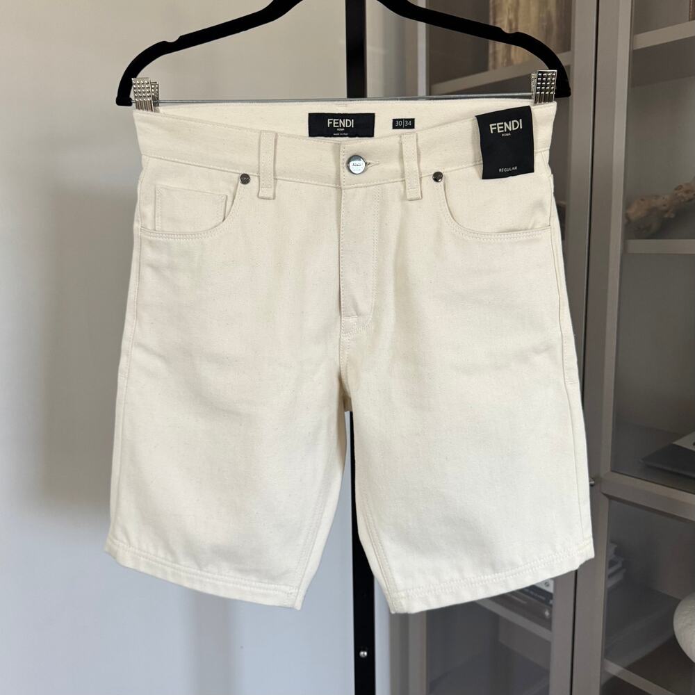 FENDI Bermuda Ivory White Bianco Denim Shorts 30 NEW Logo Label Bianco Bottoms